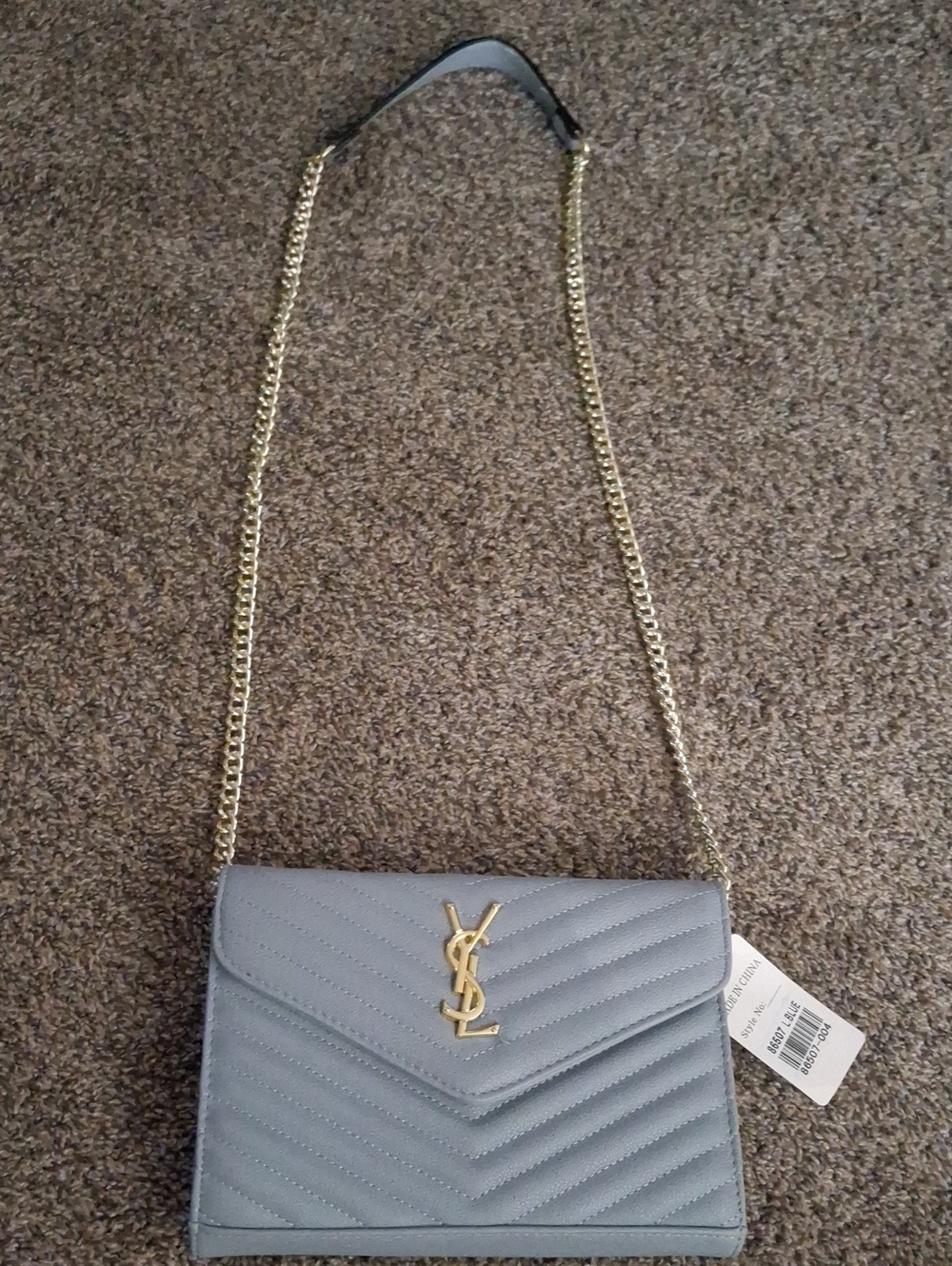Saint Laurent Light Gray Quilted Leather Shoulder Bag with Gold YSL Chain